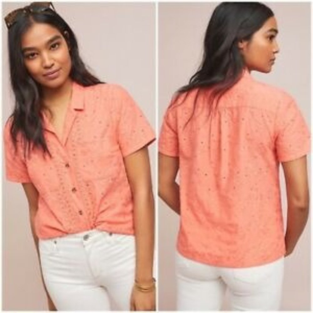 ANTHROPOLOGIE MAEVE Embroidered Eyelet Guayabera Coral Blouse | Size 00